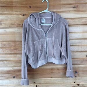 BDG Beige Ribbed Cropped Hoodie
